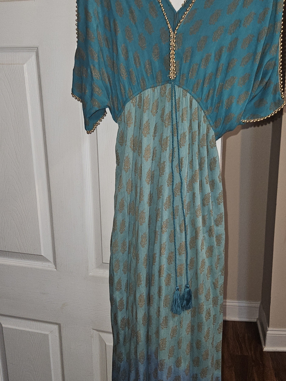 Boston Proper Teal Dress with Gold Bead Trim